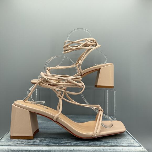 NEW Vivianly Women’s Lace up Chunky Heel Sandals Beige Size 9 - Picture 1 of 10